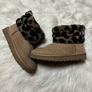 Mini Quilted Fluff Leopard Print Ugg Boots size 6 Warm Sheepskin Winter Boots